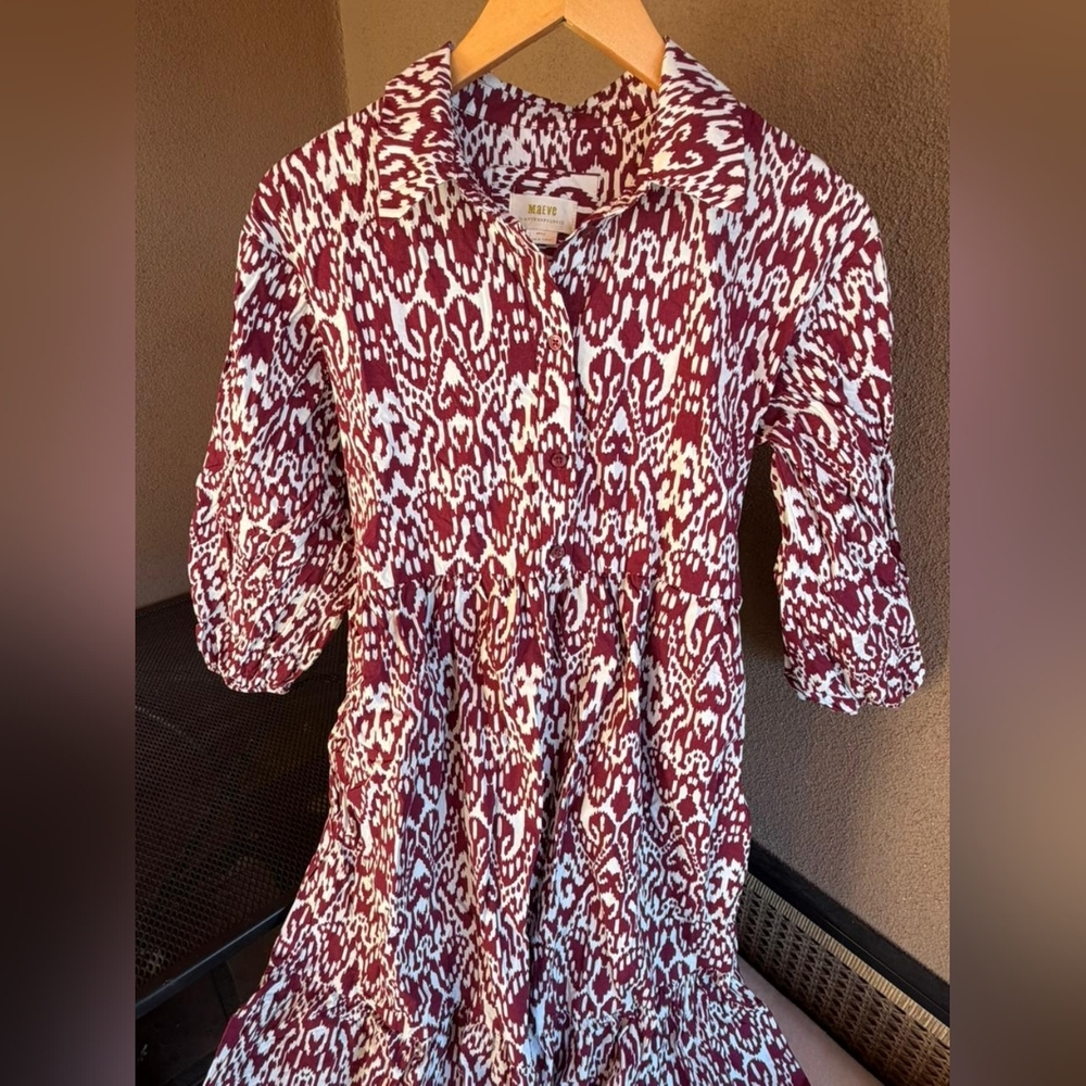 Anthropologie Maeve The Bettina Tiered Shirt Midi Dress in Wine Geometric Aztec - Picture 3 of 5